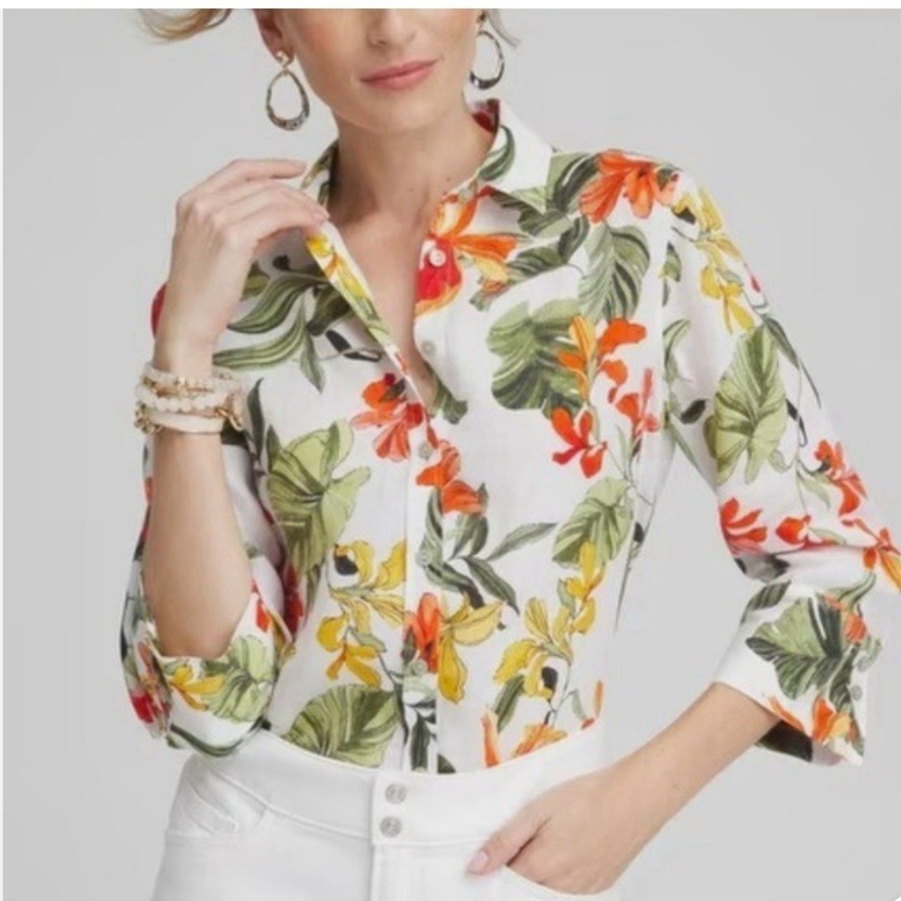 Chico's Women's White Floral Shirt Linen Top Blouse